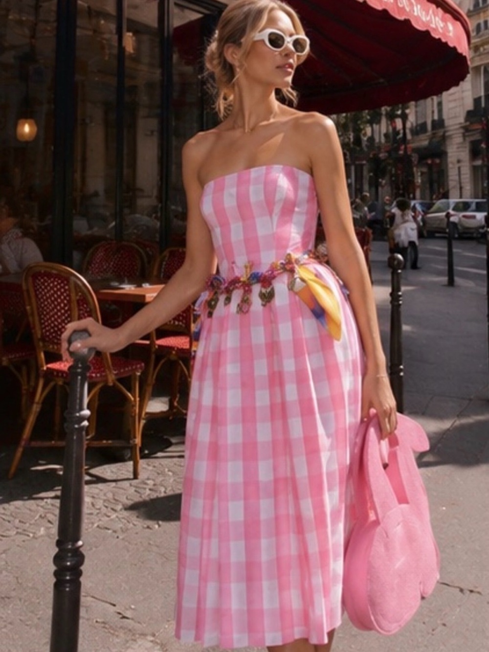BNWOT Zara x Barbie Movie Strapless Gingham Midi Dress - Picture 5 of 9